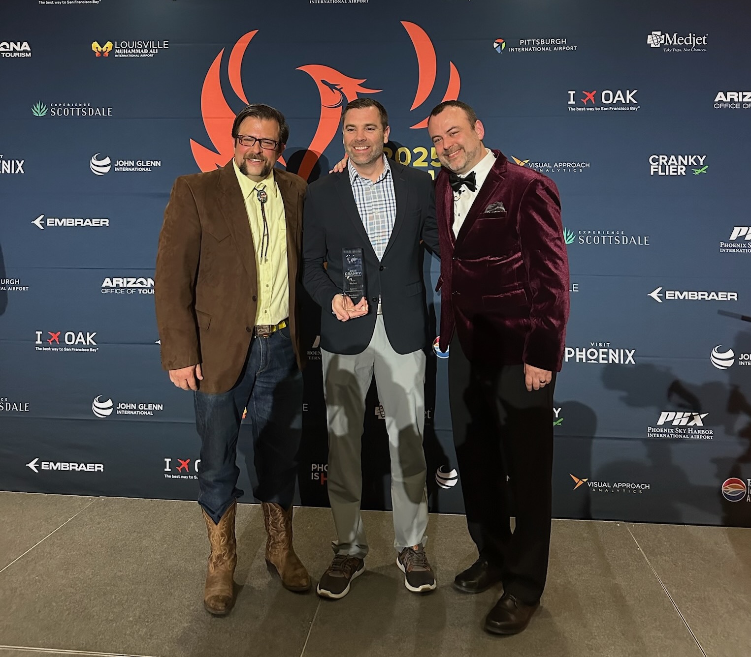 Pictured L-R: Brett Snyder, founder of Cranky Flier; ATW's Abe Weber; Courtney Miller, founder Visual Approach Analytics