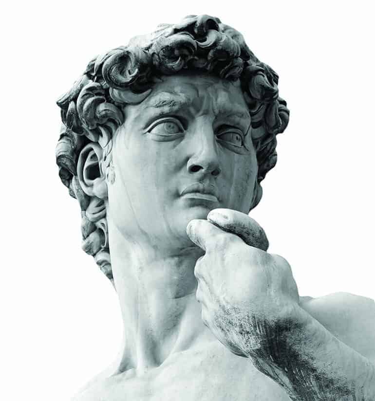 BW photo of the David sculpture by Michelangelo in Florence. Detail of the head on the white background.