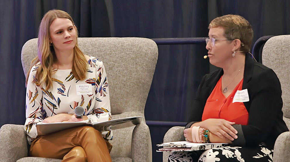 Hayley Tenpas, Host of Focus Fox Valley, moderating a mental health panel at the 2024 Women’s Fund annual luncheon.