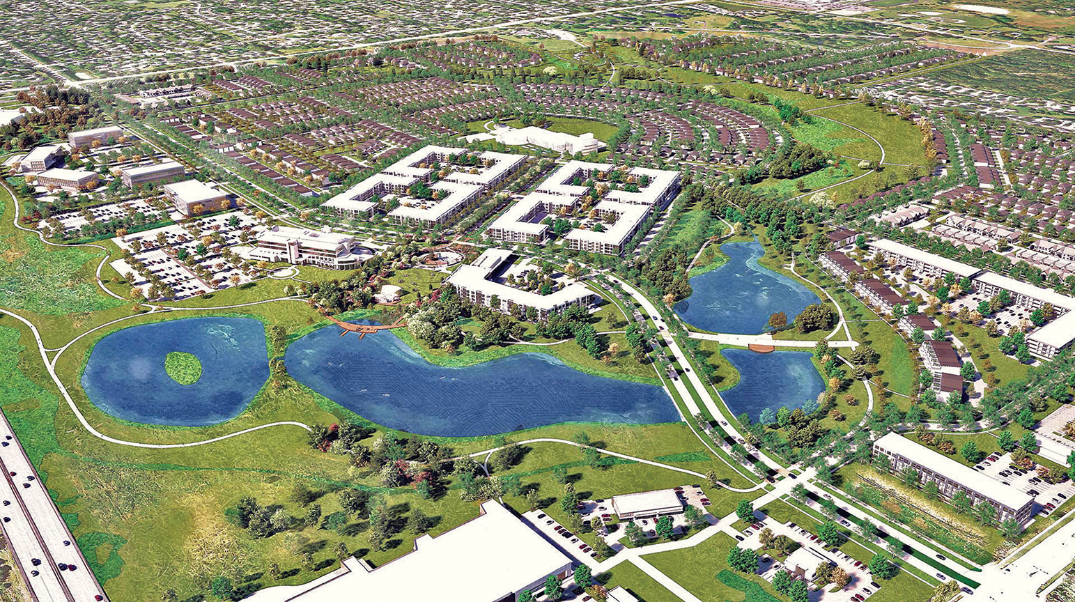 Thrivent is redeveloping its 580-acre Appleton campus, situated along Interstate 41 and Ballard Road, into a mixed‑use development with office, retail, hospitality, housing and recreational spaces.