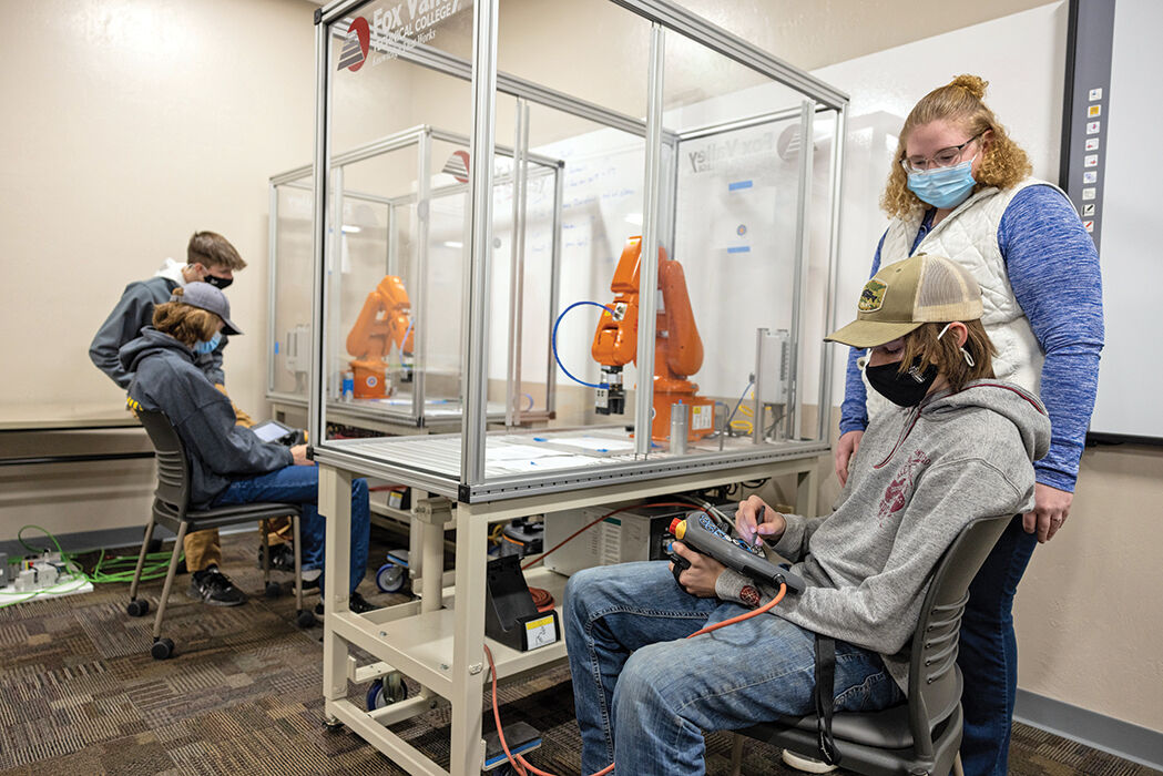Students program robots at the FVTC Clintonville Regional Center.