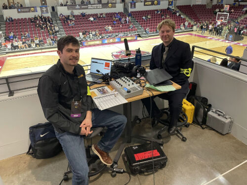 Jacob Link, right, with fellow radio TV film student Dylan Eckhart, traveled to the UWO women’s basketball Final Four game in Salem, Virginia, in March 2025 to broadcast the game live on WRST.