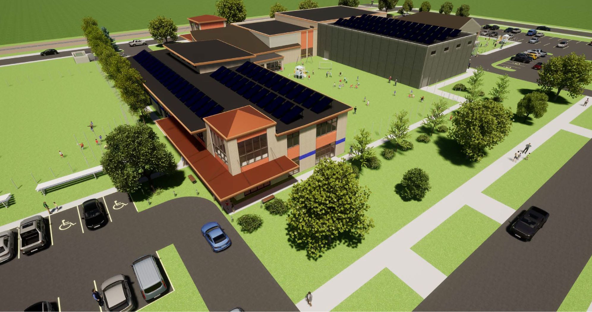 A view of the new planned new courtyard playground, the Community Center entrance and the new gym.