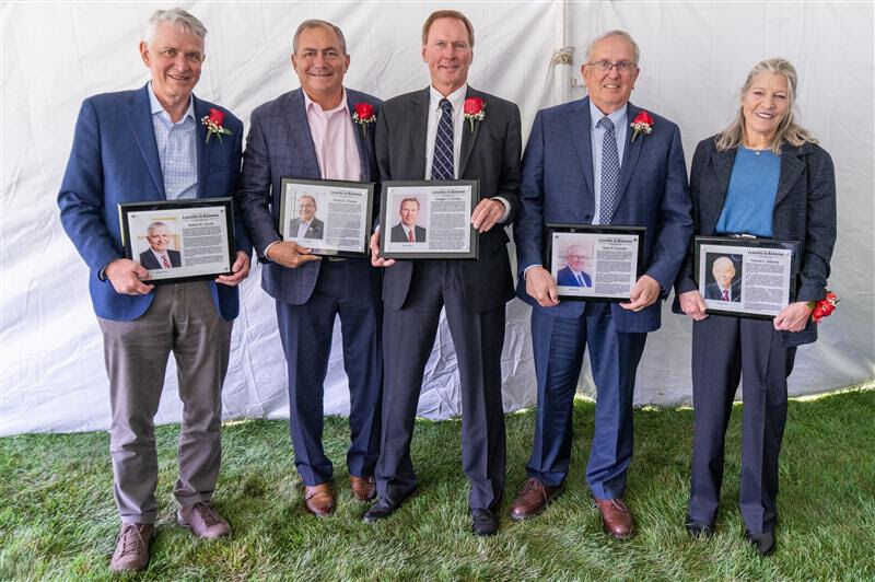 From left are Robert B. Atwell, Michael E. Daniels, Douglas S. Gordon, Mark W. Forsythe, and Helen Johnson-Leipold, Sam's daughter and Chairman of the Board of Johnson Financial Group