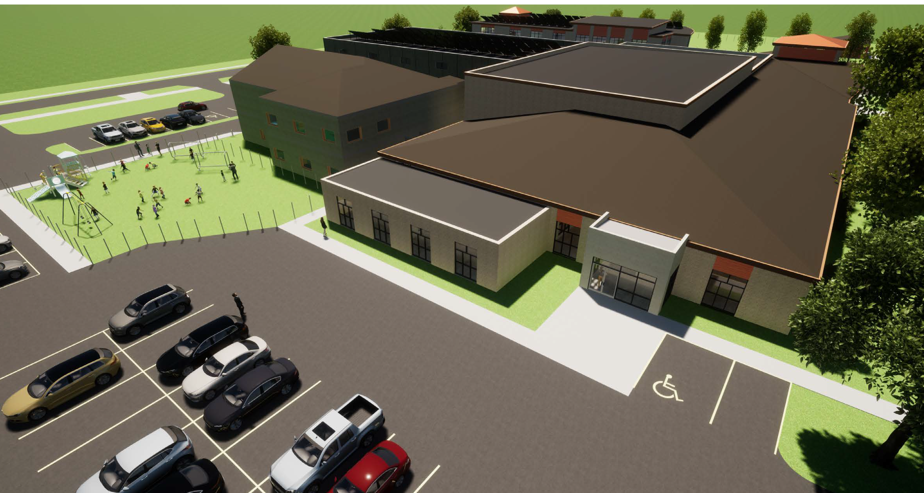 North view of the project showing the Radford Center classroom bump-out.