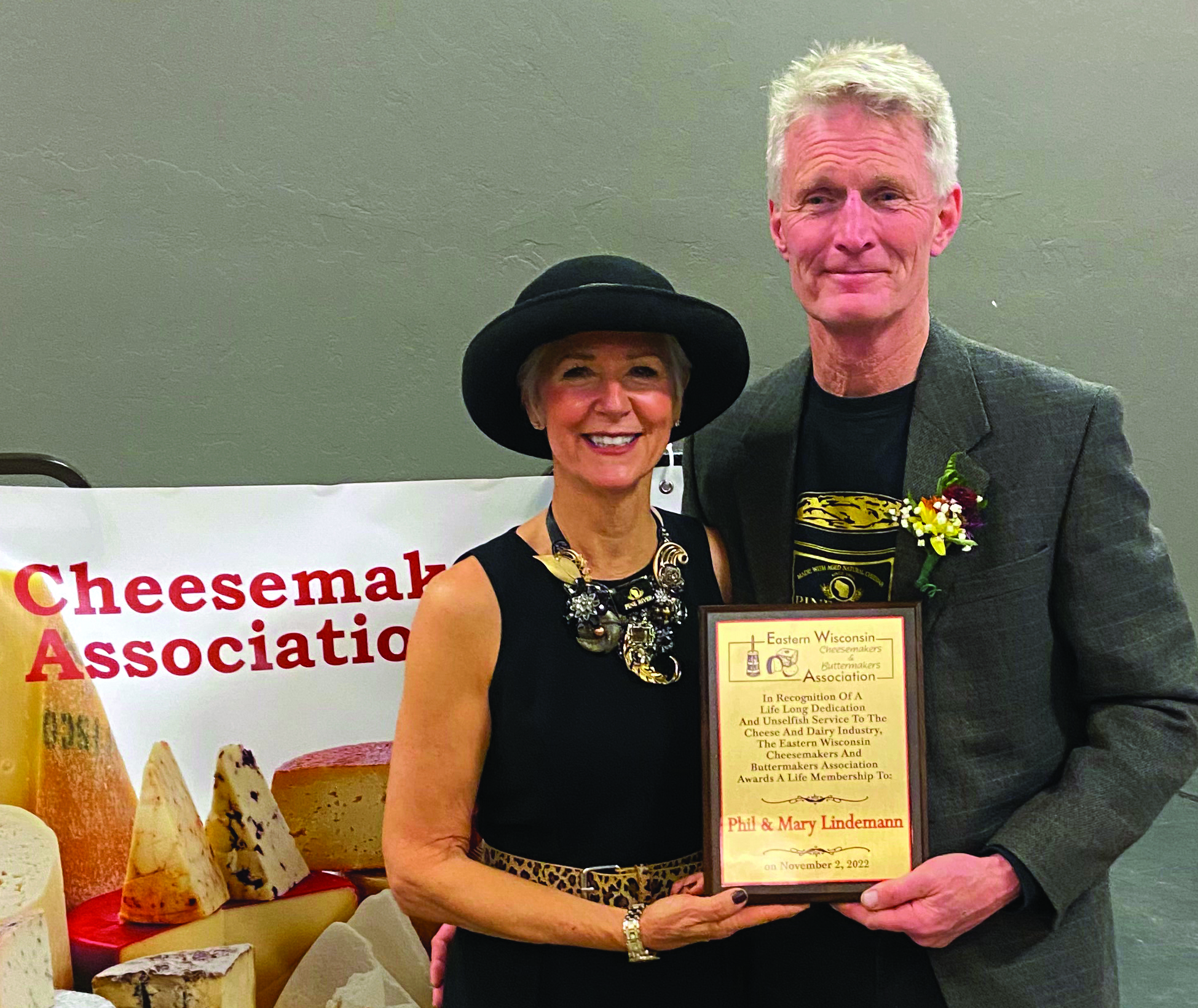 Phil and Mary Lindemann were honored with the Lifetime Membership Award from the Eastern Wisconsin Cheesemakers and Buttermakers Association at the 28th Annual Convention held in Menasha Nov. 2, 2022.