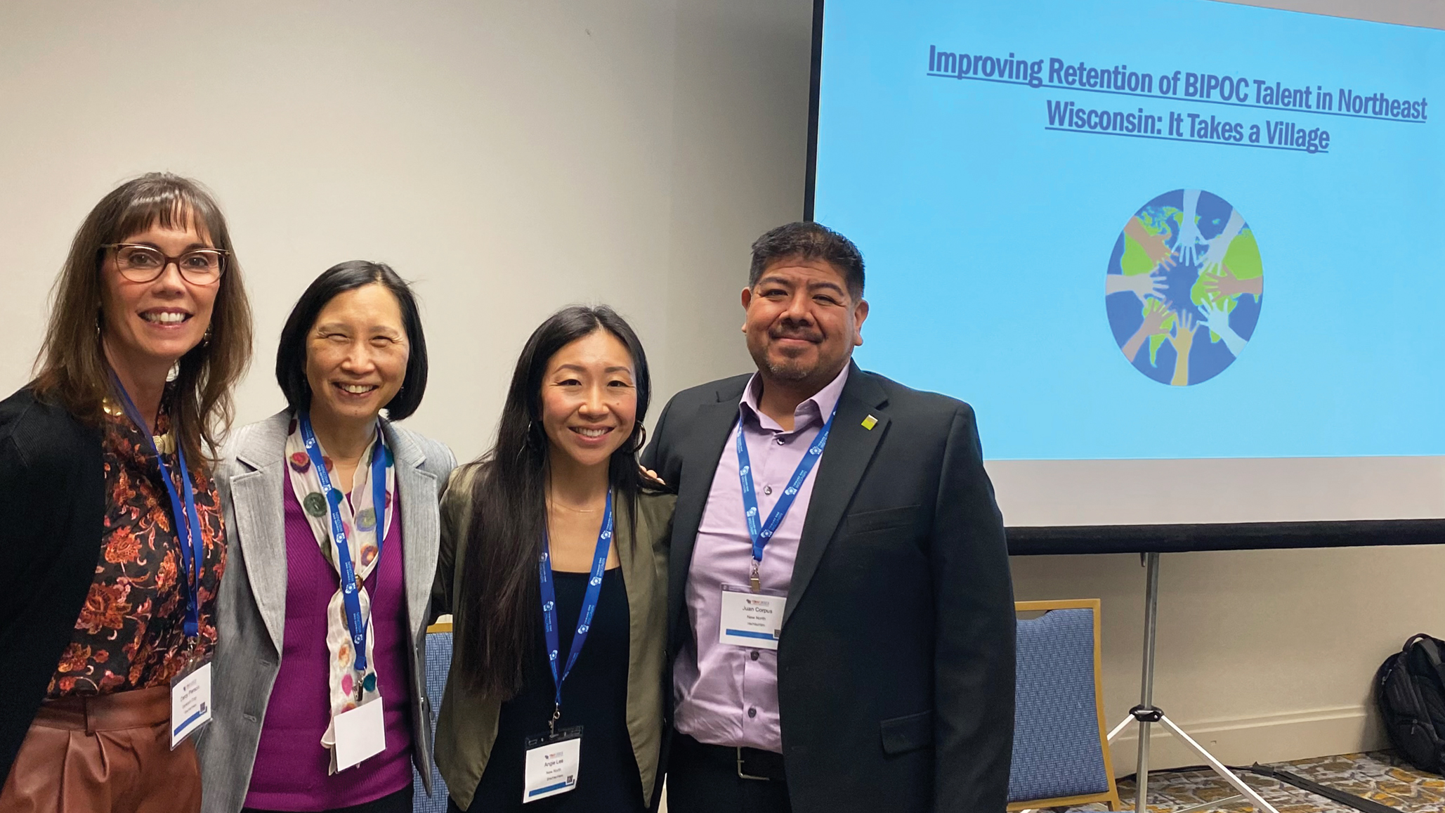 Juan Corpus (far right) participated in a panel on BIPOC talent retention during the 2023 Toward One Conference in Appleton.