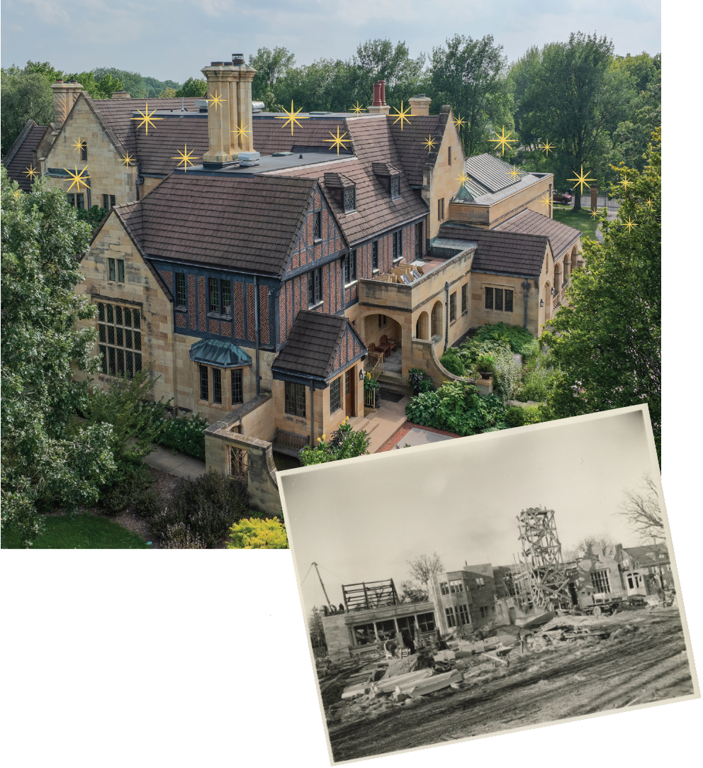 Top: Initially opened to the public in 1948, the Paine Art Center and Gardens hosts events, including weddings as well as internal events and education programs, every week of the year. It has become a centerpiece of arts and culture in Northeast Wisconsin. Bottom: Construction on the Paine Art Center and Gardens started in 1927 and was halted due to the Great Depression. Nathan and Jessie Paine would never occupy the residence. One year after Nathan Paine’s passing in 1947, Jessie Paine opened the home as a museum with the help of her sister, Mary. Jessie Paine served as president of the nonprofit until her death in 1973 at age 100.
