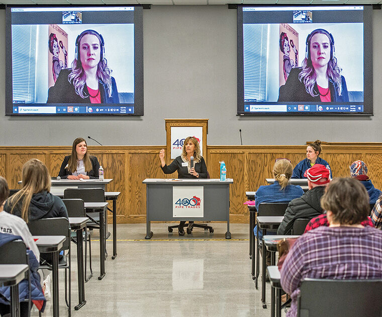 UA Local 400 hosted an open house March 8, 2022, celebrating women in the pipe trades. Panelists included Maria Blochowiak of Team Industries, Kim Bassett of Bassett Mechanical, third-year steamfitter apprentice Maddy DeJardin, and UA International’s Laura Ceja, who joined via video.