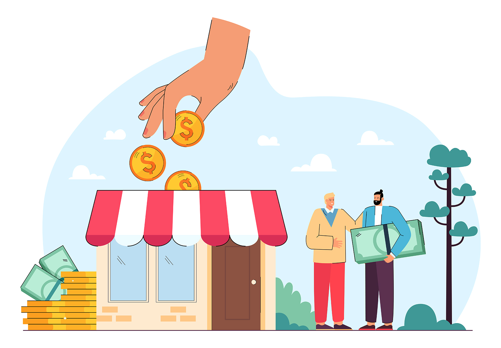 Hand giving money to entrepreneurs and local shopkeepers