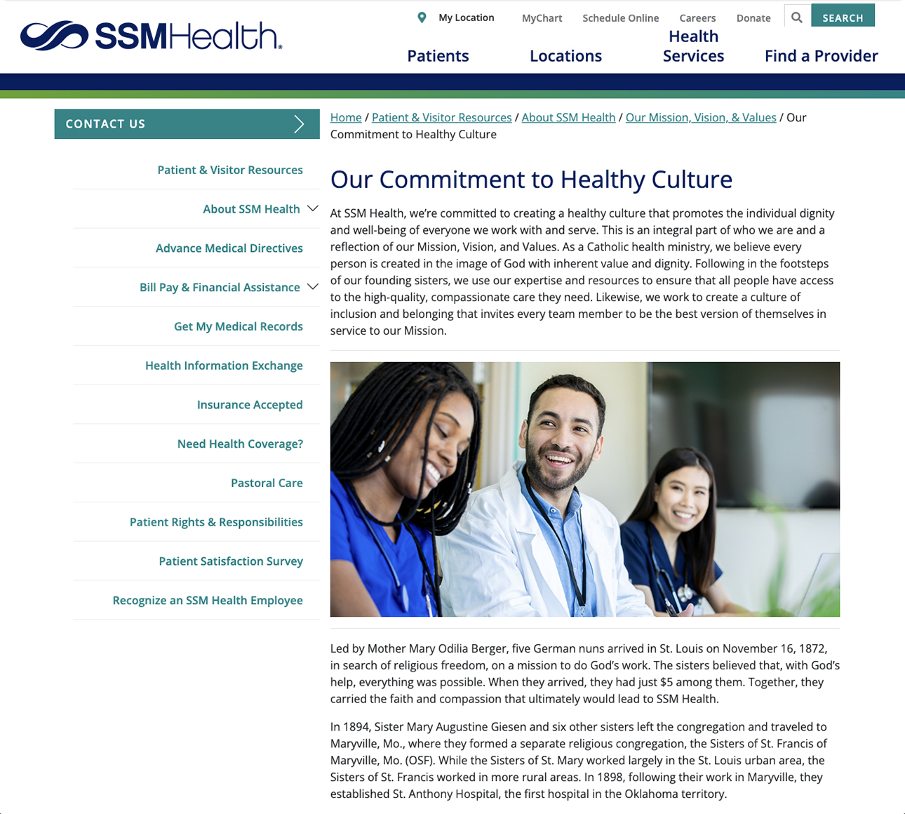 The SSM Health website, as seen on April 1, 2025. It reads “Our Commitment to Healthy Culture.”