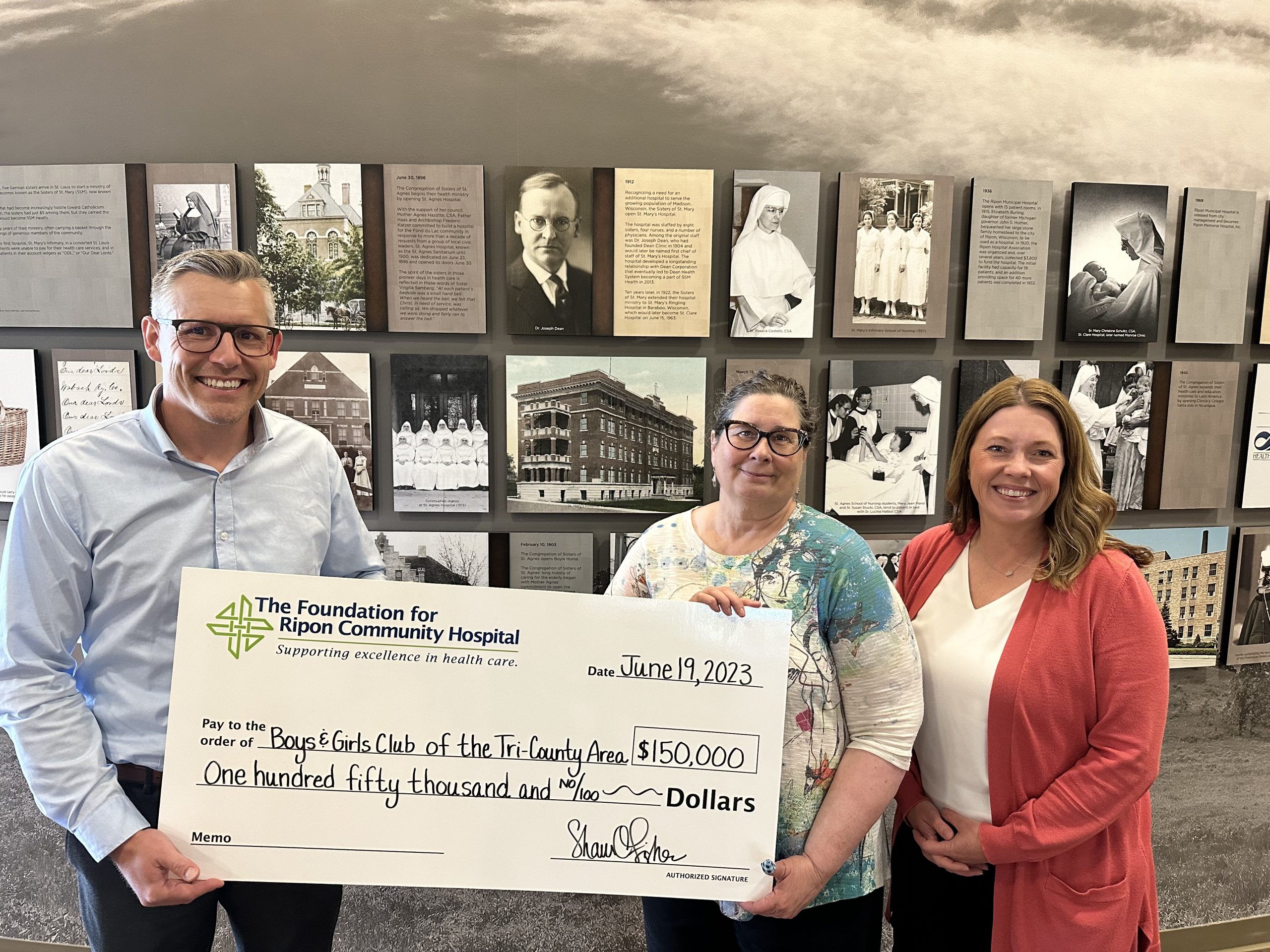 Ellen Sorenson, center, The Foundation for Ripon Community Hospital Board of Directors president, and Shawn Fisher, right, Foundation executive director, present a $150,000 donation to Jason Presto, Boys & Girls Club of the Tri-County Area, for a new facility in Ripon.