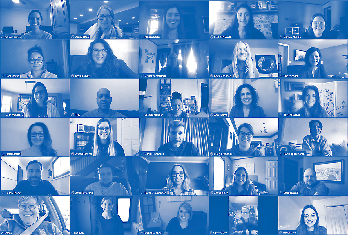 Blue Door Consulting team members participate in a virtual meeting. The firm has been offering remote and flexible working arrangements since its inception. The team stays connected through weekly meetings and quarterly virtual or in-person all-team gatherings.