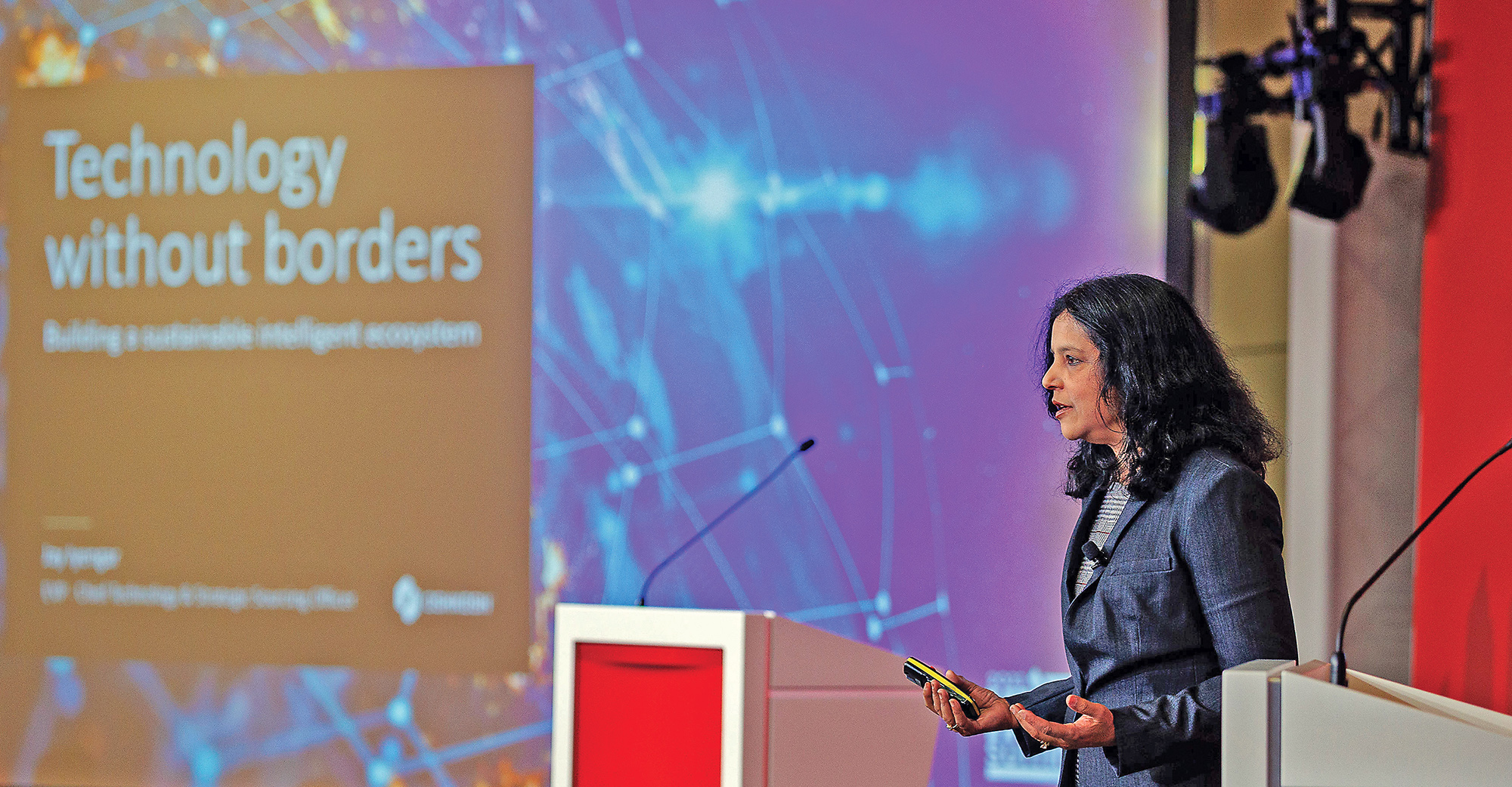 Jay Iyengar, Chief Technology and Strategic Sourcing Officer for Oshkosh Corporation, speaks to an audience at the International Powered Access Federation (IPAF) Summit in April.
