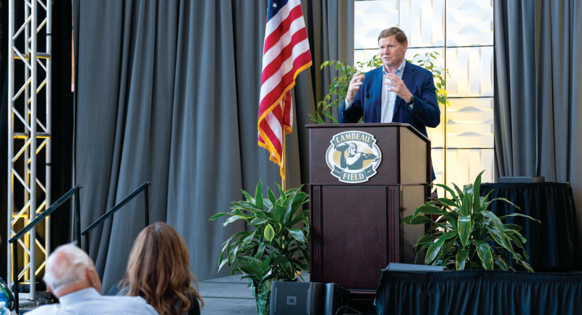 Green Bay Packers President and CEO Mark Murphy addresses the New North Summit in June 2021.