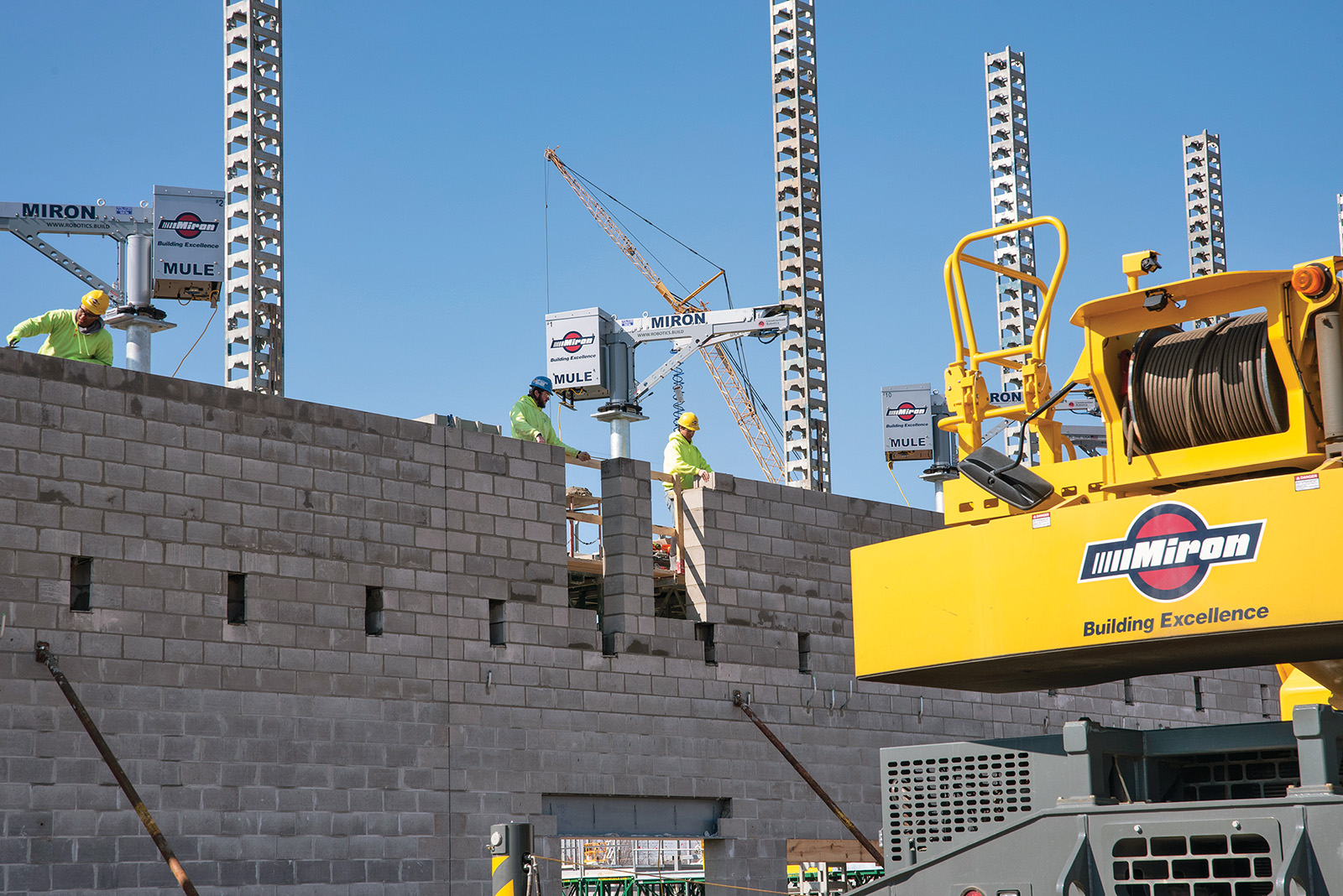 Miron Construction recently invested in several MULEs (Material Unit Lift Enhancers), many of which were used on the new Neenah High School project — the largest masonry project in Miron’s history.