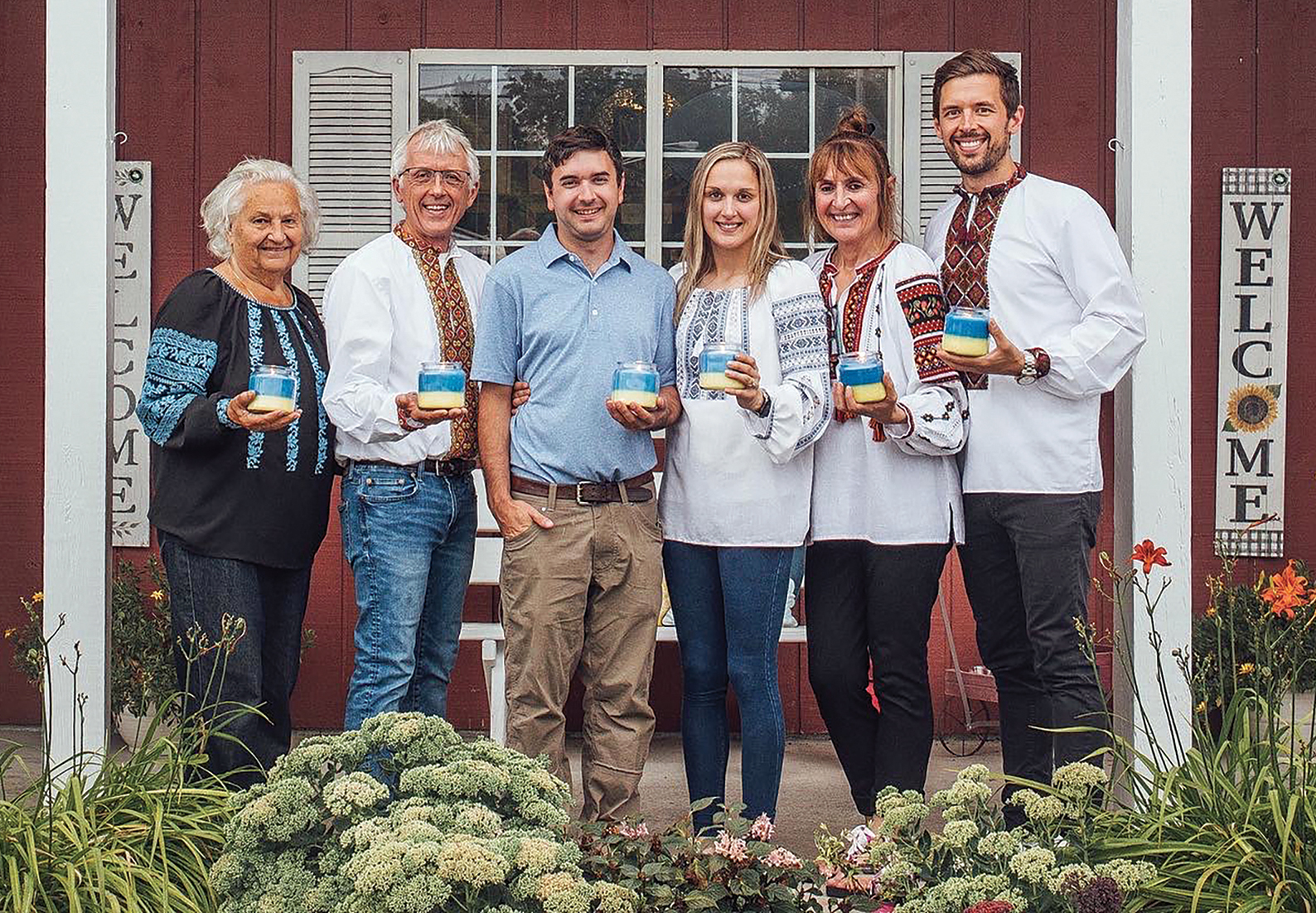 Trapani is a second-generation Ukrainian American. Many of her family members volunteered to support the Ukraine candle fundraiser. L to R: Grandma Luba, father George, husband Nic, Christiana Trapani, mother Natalie, brother Dan.