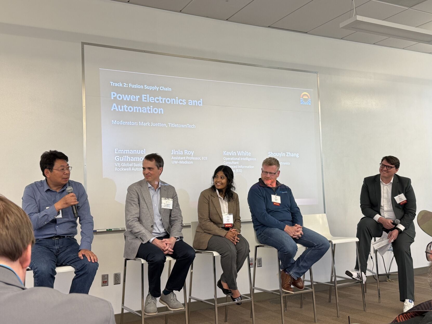 A panel on Power Electronics and Automation” was moderated by TitletownTech’s Mark Juetten (right) and featured Emmanuel Guilhamon (second from left) of Rockwell Automation’s global sustainability team, Jinia Roy (center) of UW-Madison, Kevin White (second from right) of Enhanced Information Systems and Shouyin Zhang (left) of Delta Electronics.