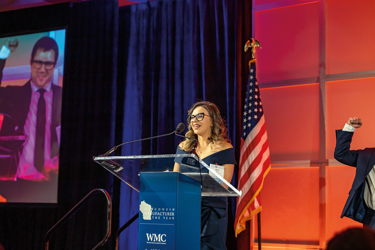 Maria Perl, CEO of Spark Ops Metalworks, accepts the 2025 Excellence in Product and Process Award at the 37th annual Wisconsin Manufacturer of the Year ceremony Feb. 19 in Milwaukee.