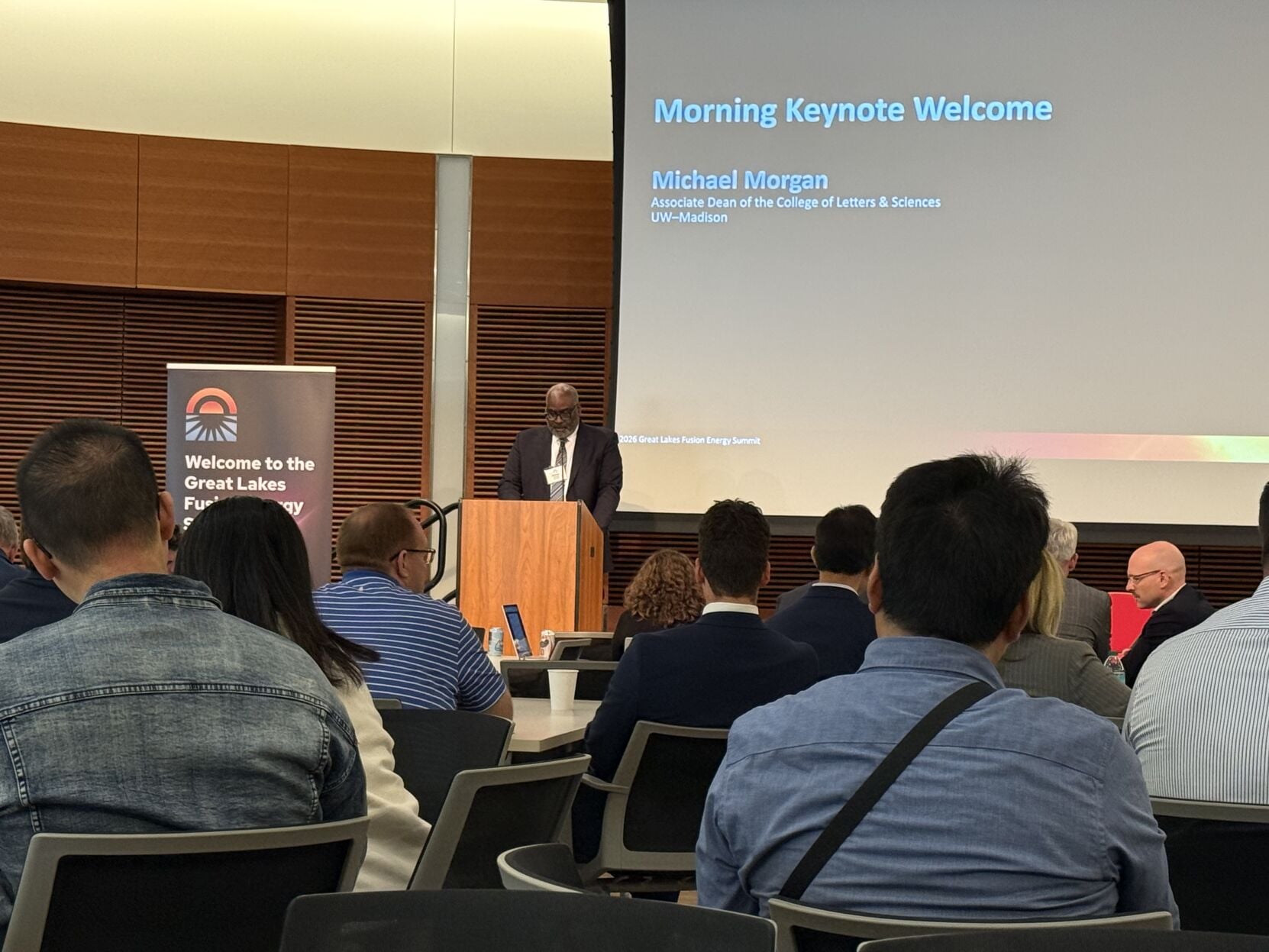 Michael Morgan, UW-Madison’s associate dean of the College of Letters and Sciences, delivered a panel welcome during Tuesday's Fusion Energy Summit.
