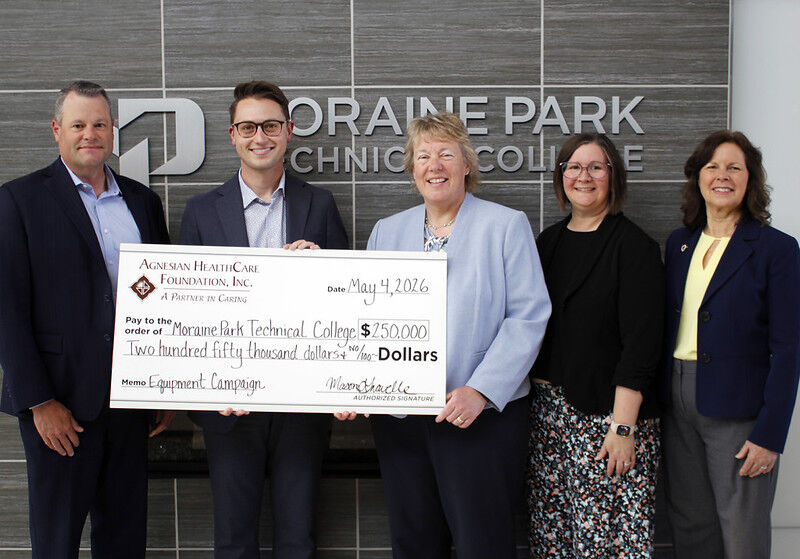 Pictured from left to right are: Shane Smith, SSM Health Fond du Lac Market president; Mason Gravelle, philanthropy director at Agnesian HealthCare Foundation; Bonnie Baerwald, Moraine Park president; Alicia Mattingly, Development Officer at Moraine Park; and Dana Bourland, Director of College Advancement at Moraine Park.