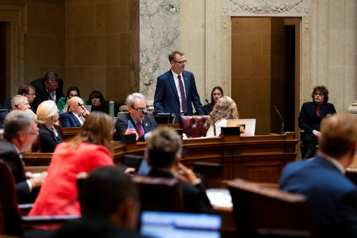 Wisconsin Senate Majority Leader Devin LeMahieu, R-Oostburg, speaks during a Senate floor session Oct. 14, 2025, at the Wisconsin State Capitol in Madison.