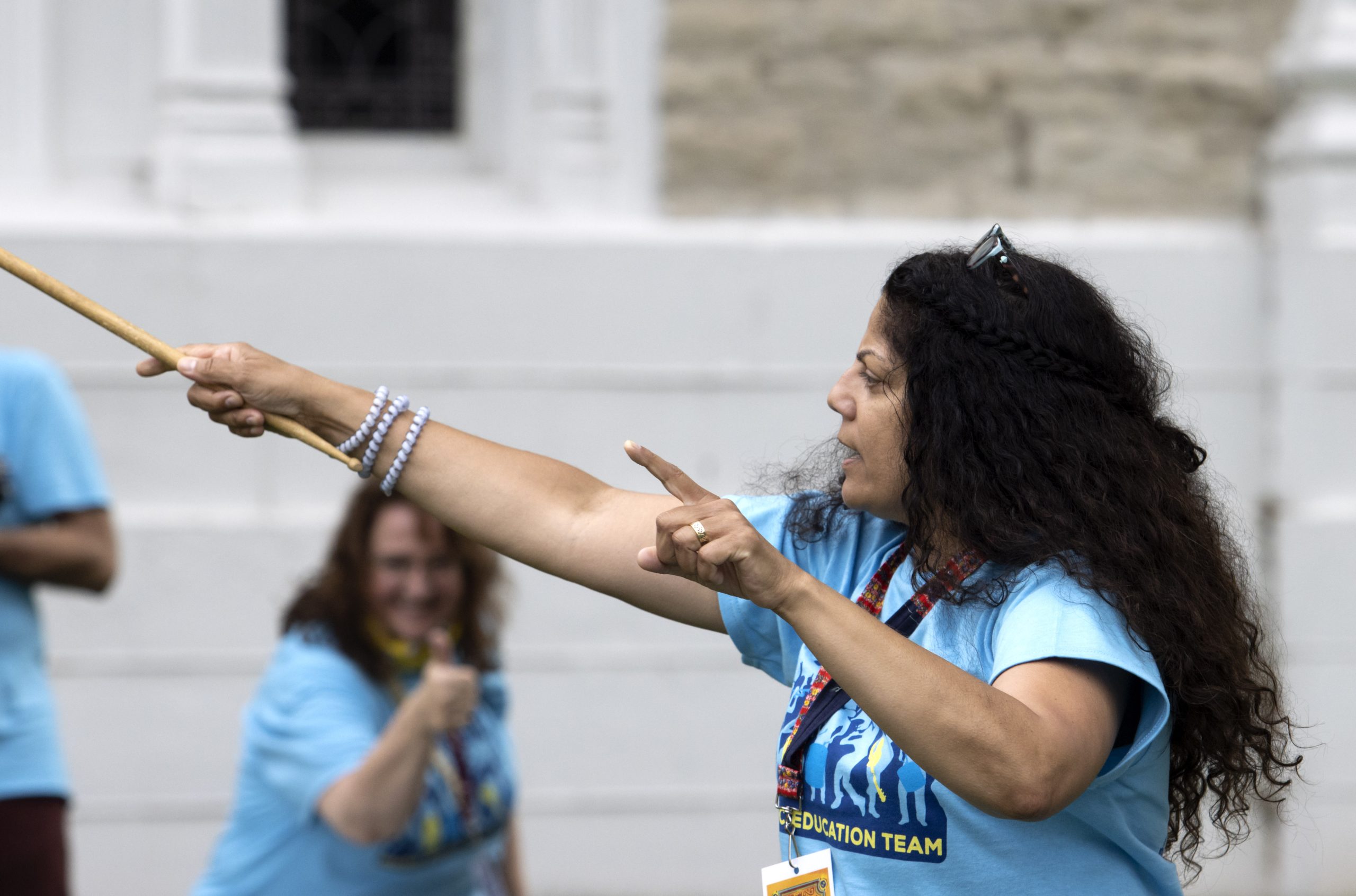 Leila Ramagopal Pertl ’87, the music education curator, helps lead “Brazilian Samba Drumming” during Mile of Music Friday, Aug. 6, 2021. Photo by Danny Damiani