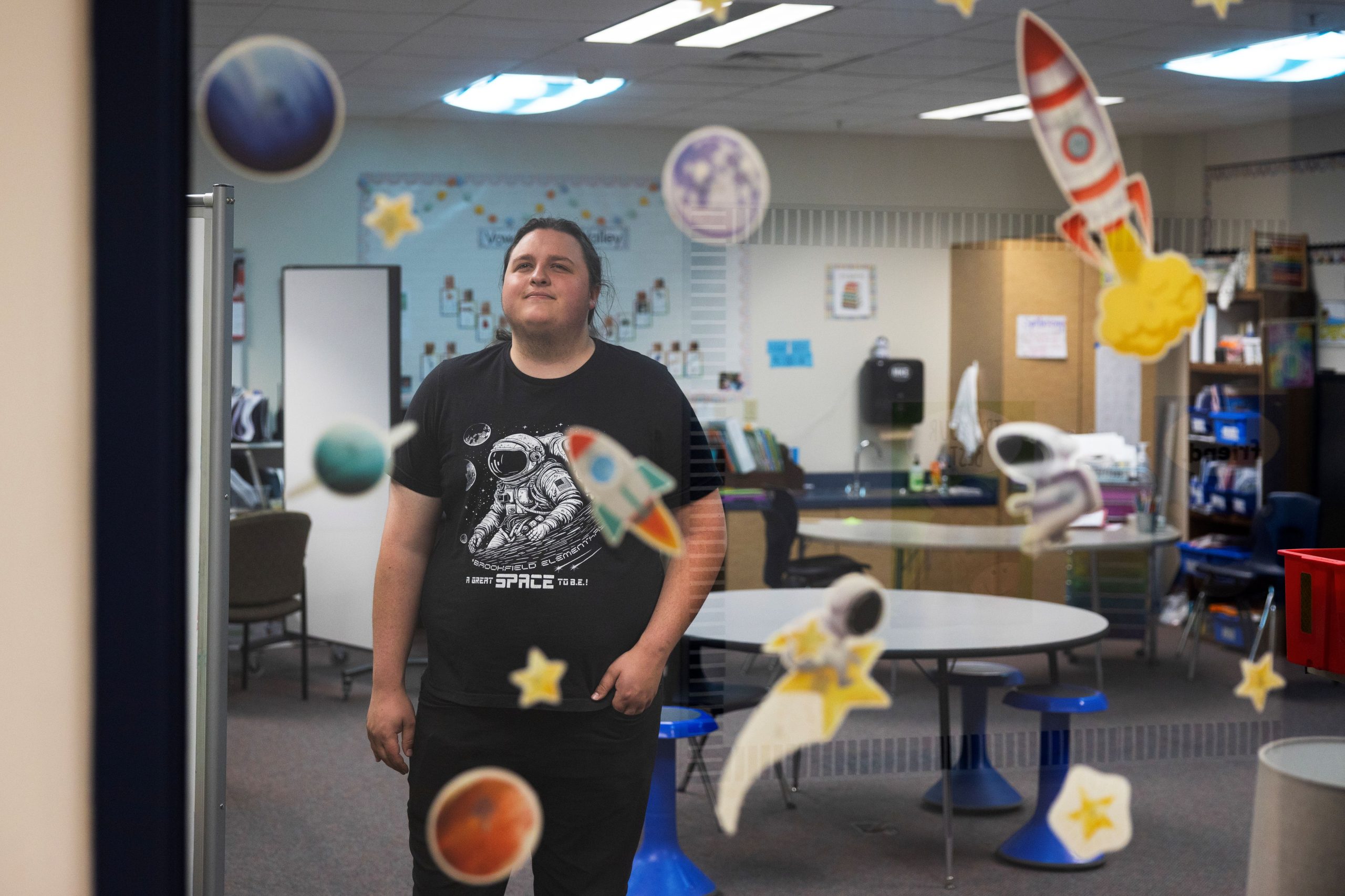 Matthew Jacobson, a teacher apprentice, poses for a photo in a Brookfield Elementary School classroom on May 22, 2026, in Brookfield, Wis. Jacobson is one of only eight apprentices in the statewide program.