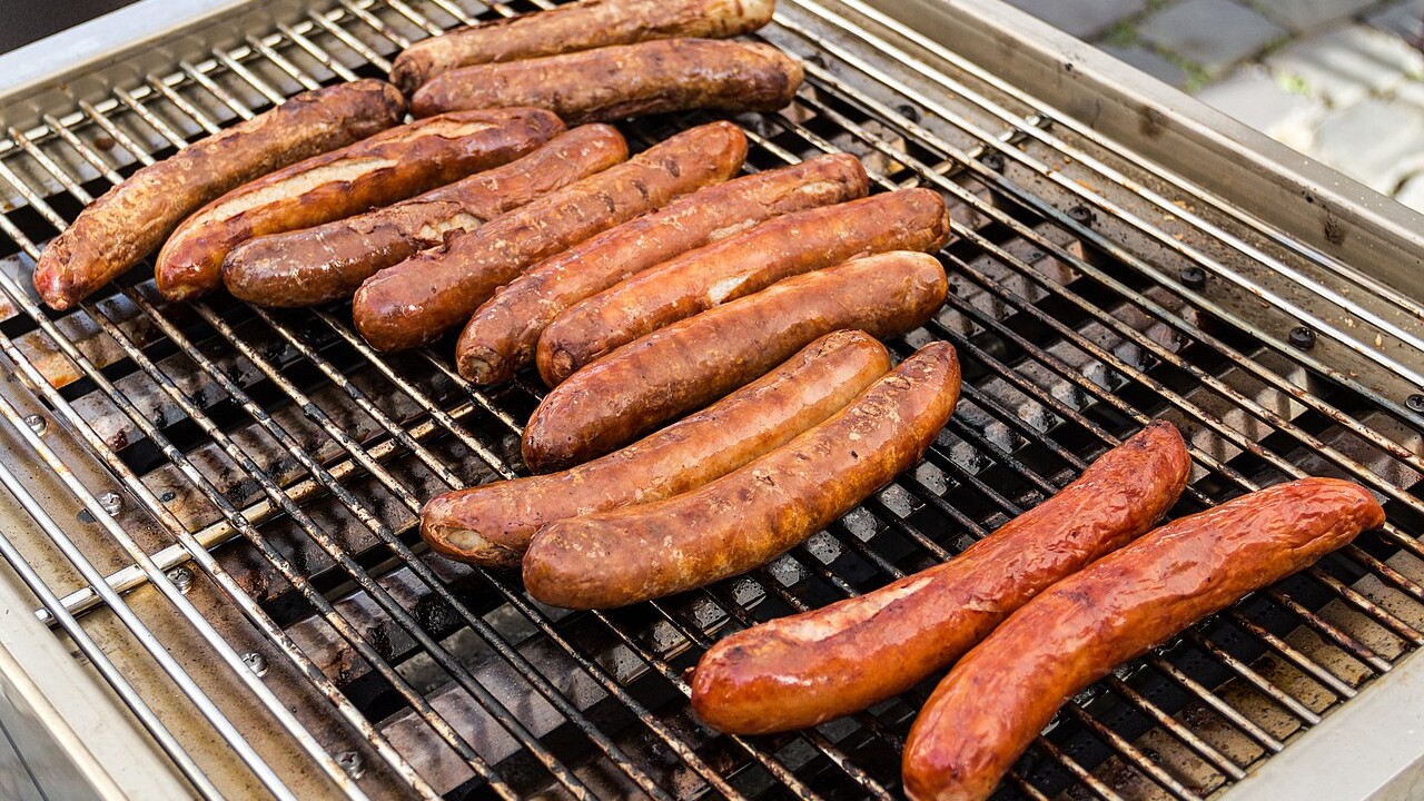 Sausage on a grill.