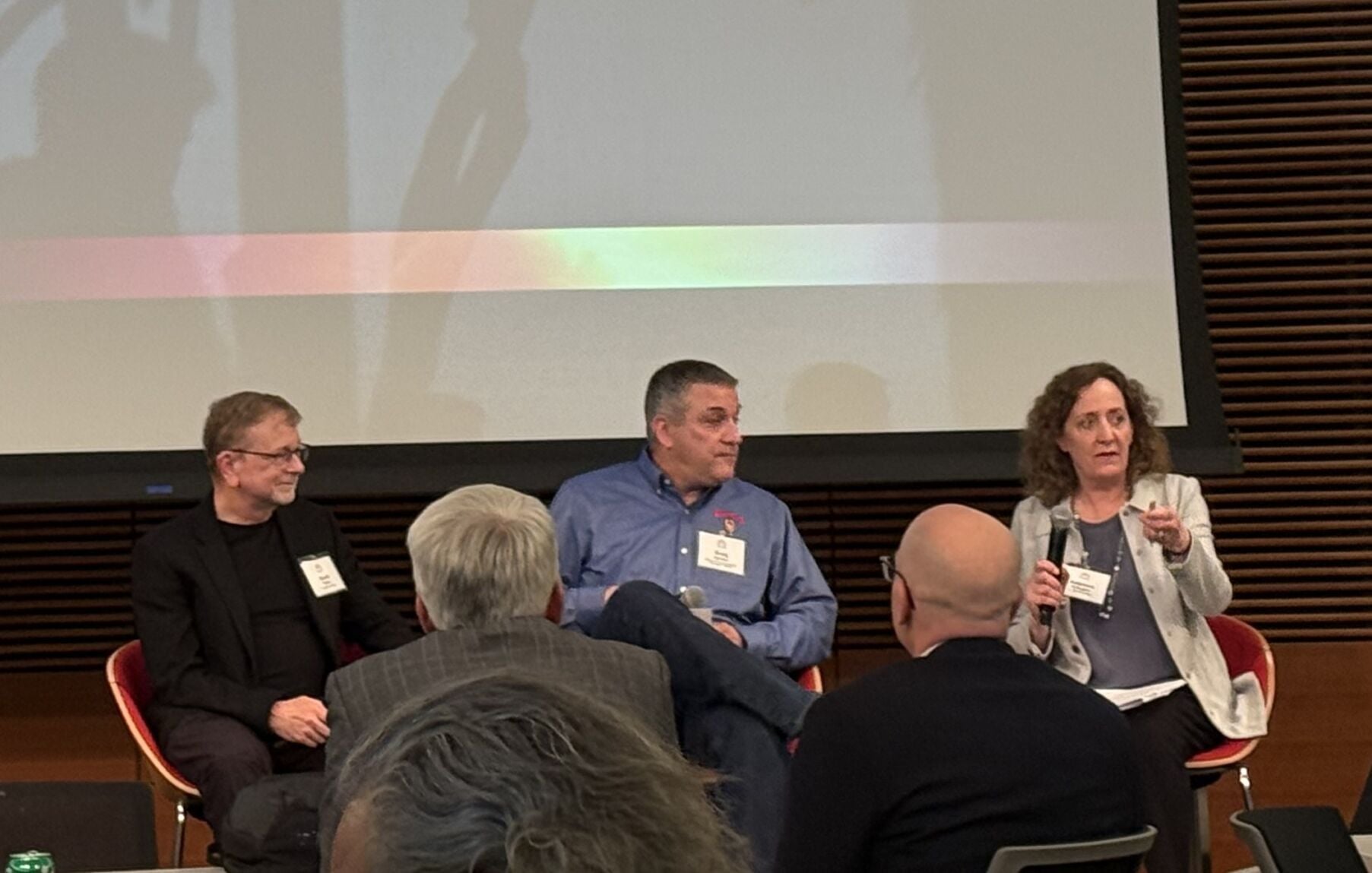 Kathleen Gallagher (right) led a capstone chat to close the summit with WARF's Greg Keenan (center) and 5 Lakes Institutes' Dave Vasko (left), discussing why and how Midwest companies should get involved with fusion.
