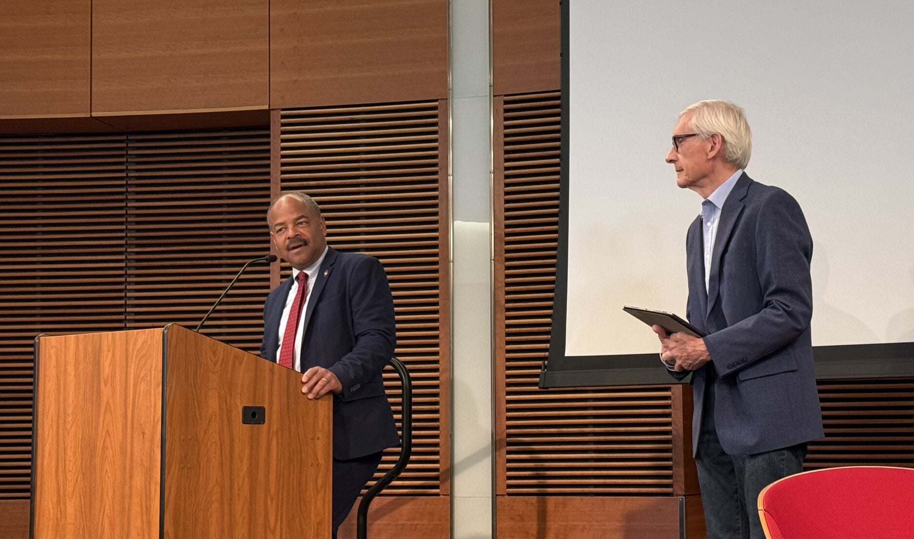 Eric Wilcots (left), UW-Madison’s interim chancellor and dean of the College of Letters & Sciences, delivered some opening remarks at Tuesday's summit.