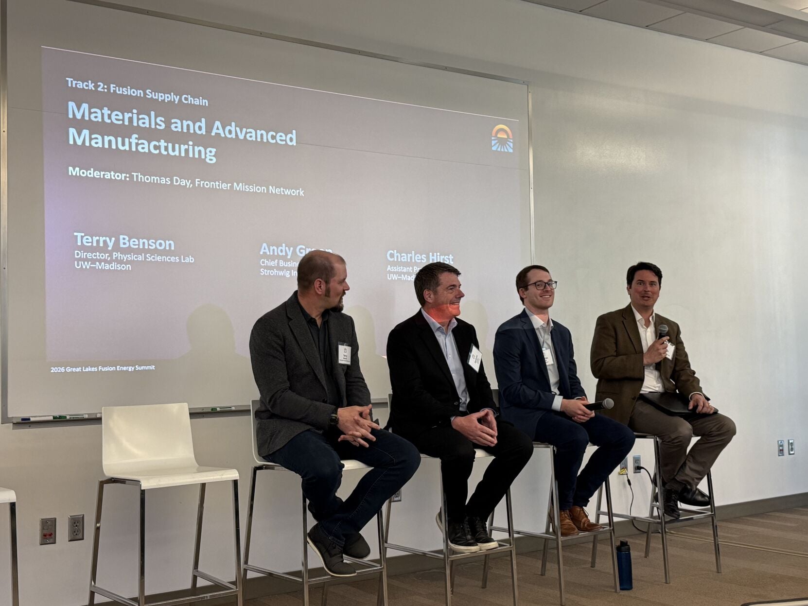 Terry Benson (left) and Charles Hirst (second from right) of UW-Madison and Andy Green of Strohwig Industries (second from left) participated in a discussed panel entitled, “Materials and Advanced Manufacturing,” moderated by Thomas Day (right) of the Frontier Mission Network.