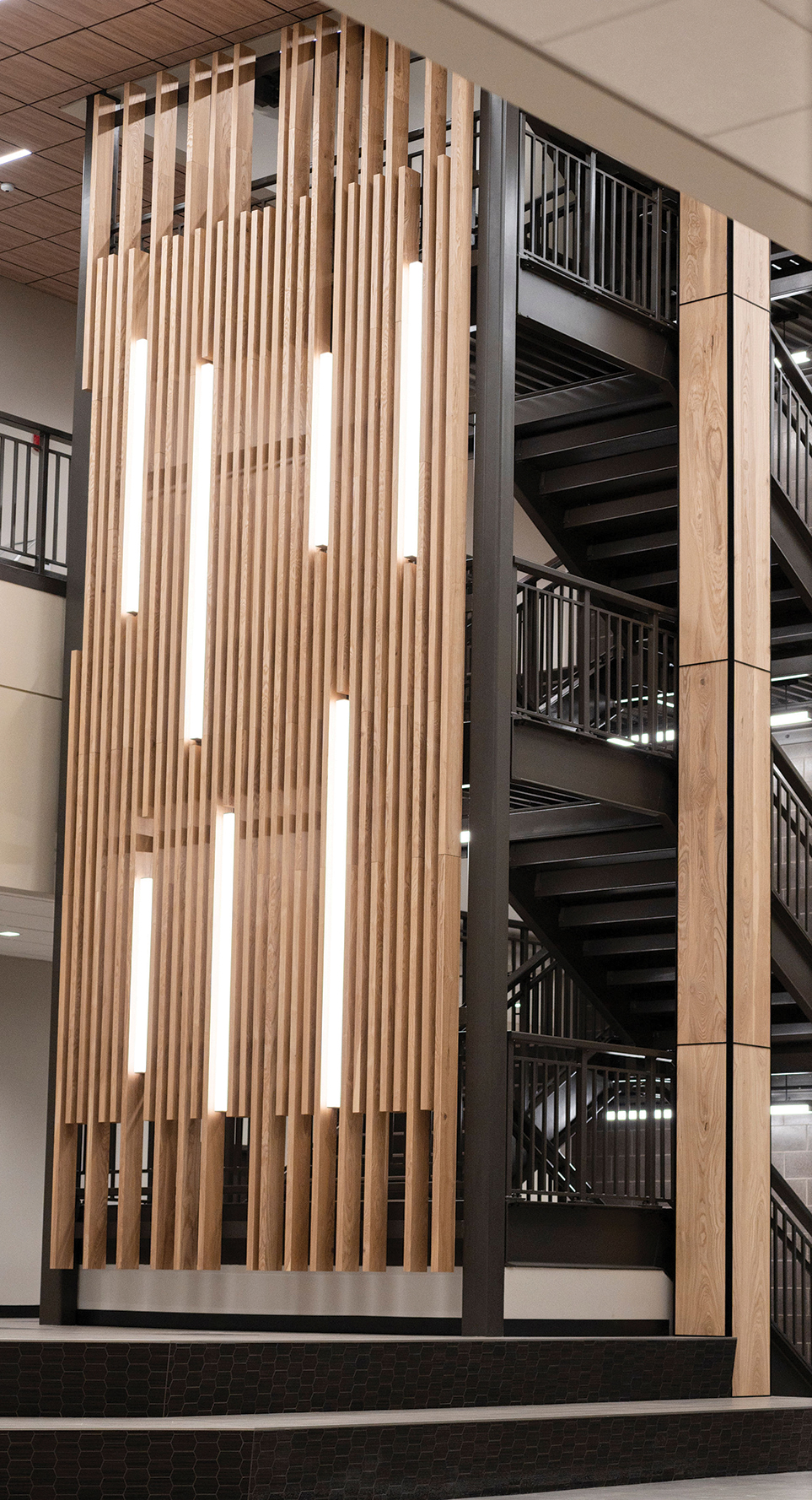 Fox Commons’ slatted feature wall is made with urban ash from 20 locally salvaged trees.